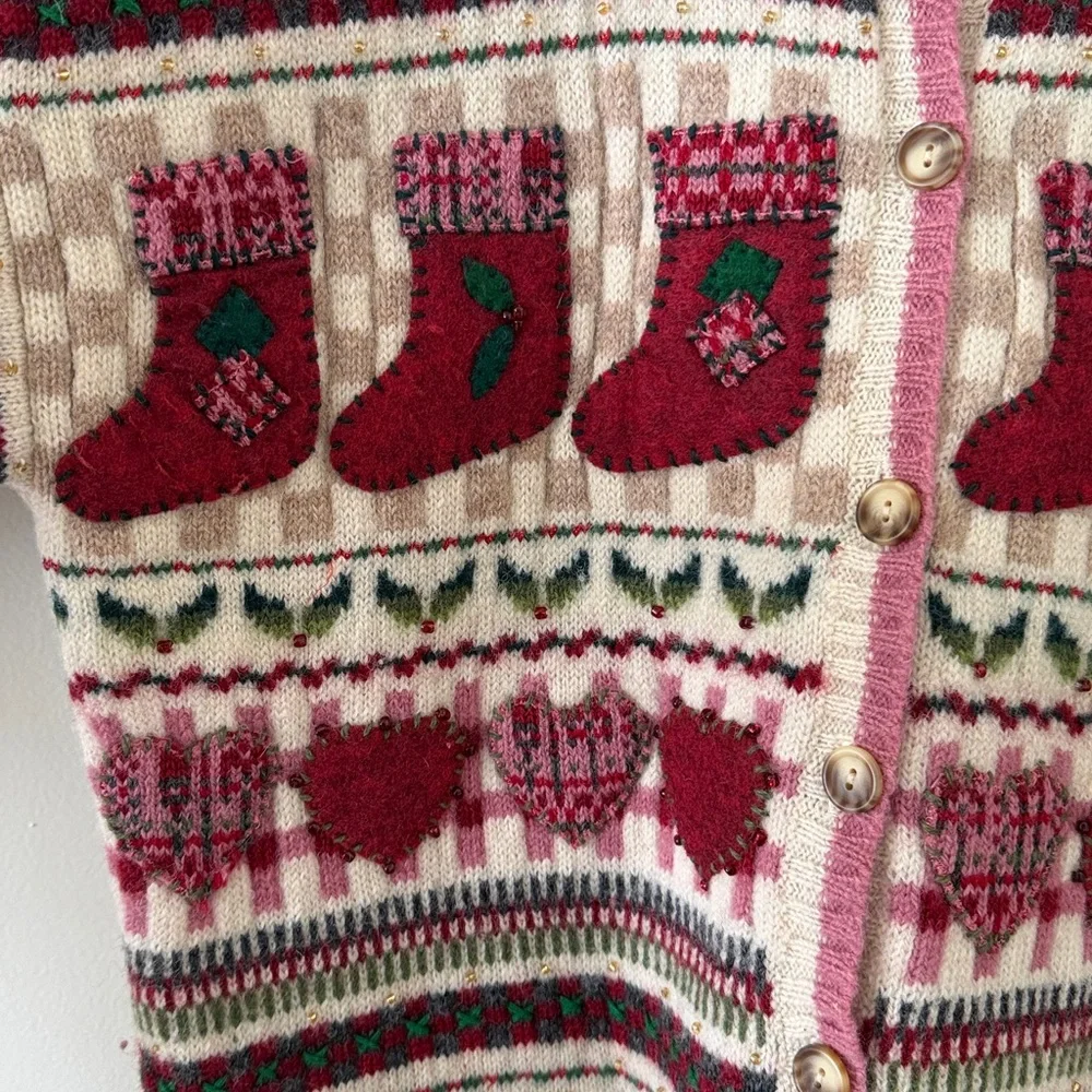 Talbots Christmas Stocking Hearts Mistletoe Cardigan Sweater Size‎ Large - Picture 4 of 5